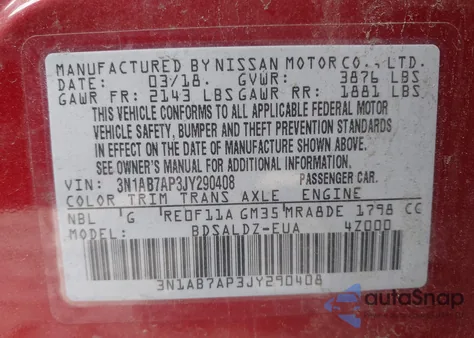 2018 Nissan Sentra Sv z USA, uszkodzony, nr VIN 3N1AB7AP3JY290408